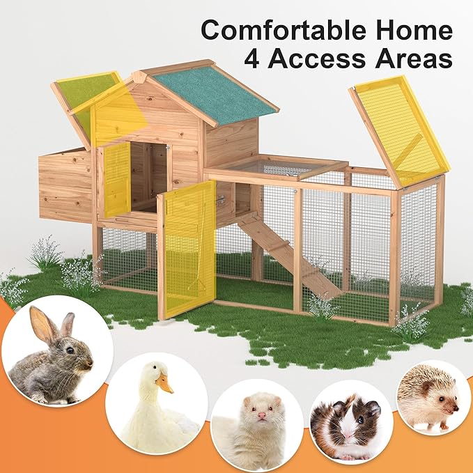 Outdoor Chicken Coop for 2-4 Chickens Wooden Hen House Poultry Pet Hutch Run Cage w/Waterproof Asphalt Roof, Ramp, Nesting Box, Wire Fence (80")