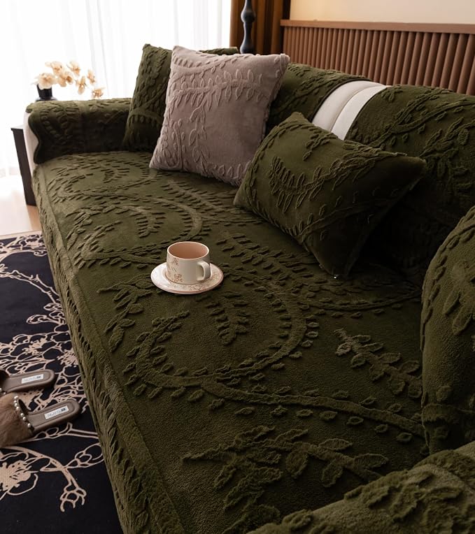 Green Fuzzy Rabbit Plush Sofa Cover Cozy Warm Sofa Couch Covers with 3D Jacquard Leaf Pattern Non-Slip Easy-to-Install Shaggy Sofa Slipcover Prefect for Kids Dogs Cats Cats(Green,36"x94")