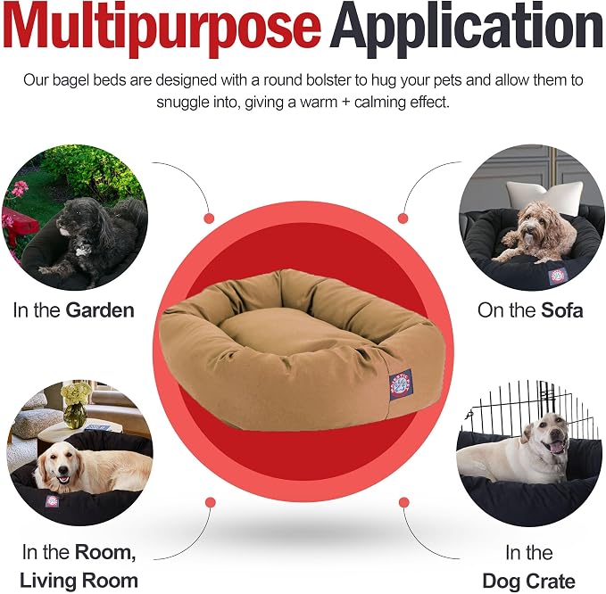 Majestic Pet 24 Inch Bagel Calming Dog Bed Washable – Cozy Soft Round Dog Bed with Spine Support for Dogs to Rest Their Head - Fluffy Donut Puppy Mat 24x19x7 (Inch) Small – Khaki | Cozy Soft Fluffy Donut Pet Bed with Spine Support for Head Rest – Anti-...