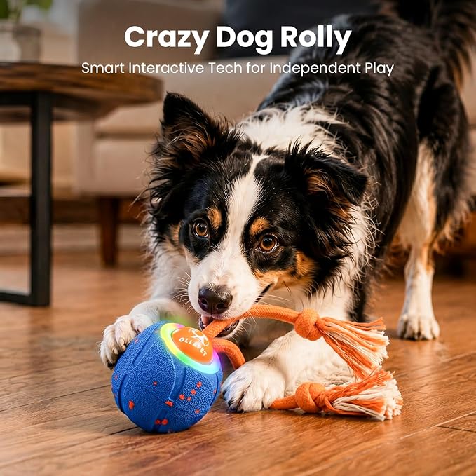 Smart Interactive Dog Toys, 3 Modes Automatic Rolling Ball, Chase Pet Toy with Rope & Barking Sound, Chew Resistant E-TPU, IPX7 Waterproof Rechargeable Ball for Medium Large Dogs, Blue