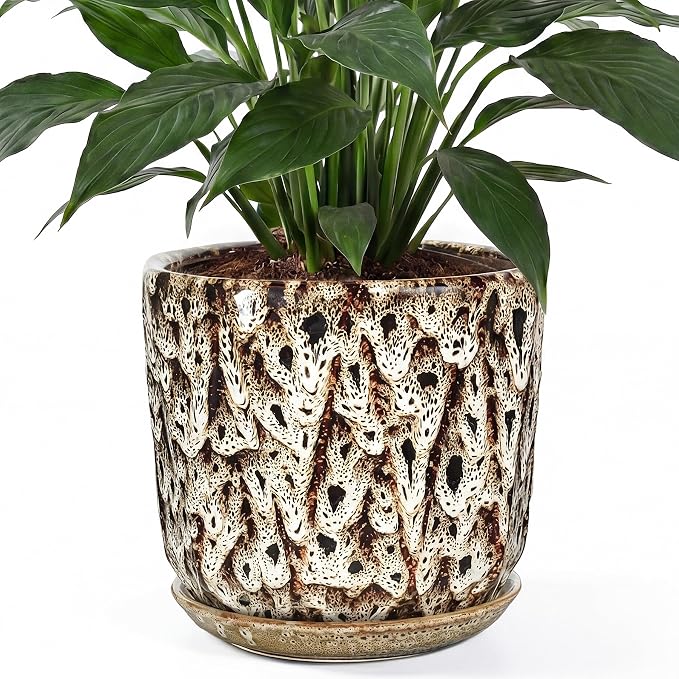 10 Inch Ceramic Plant Pot with Drainage Hole Mesh Net, Large Flower Pots for Indoor Plants with Saucer, Gardening Pots Outdoor