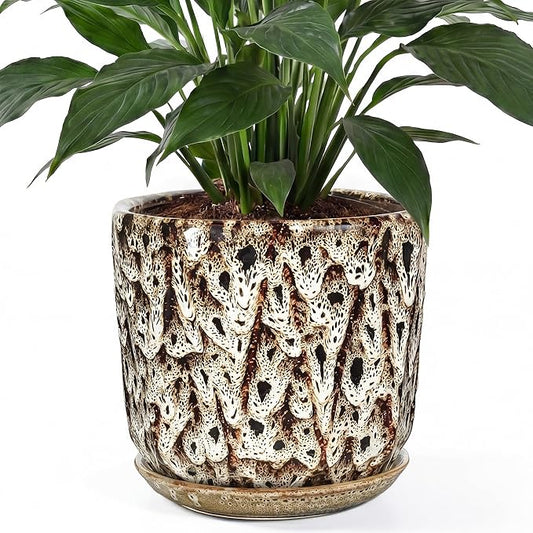 10 Inch Ceramic Plant Pot with Drainage Hole Mesh Net, Large Flower Pots for Indoor Plants with Saucer, Gardening Pots Outdoor