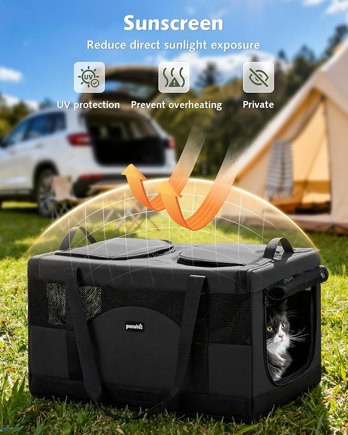 Pecute Cat Carrier, Soft Double Pet Crate for 2 Cats Travel, Dark Gray | 5mm Anti-collapse Frame, Convertible Dual Space, Foldable, Polyester Breathable mesh, Up to 26 lbs, Car Travel & Vet Visits