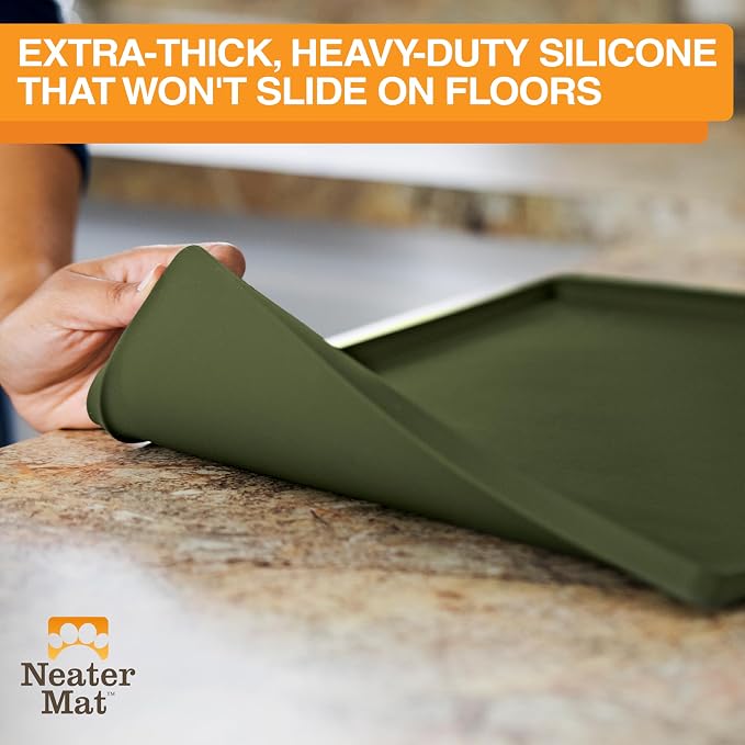 Neater Pet Brands Neater Mat Pet Mats for Food and Water, Cat & Dog Bowl Mat Waterproof Silicone, Feeding Tray, Dog Food Mats for Floors, Placemat w/Raised Edge for Under Bowls, 32" x 24", Olive