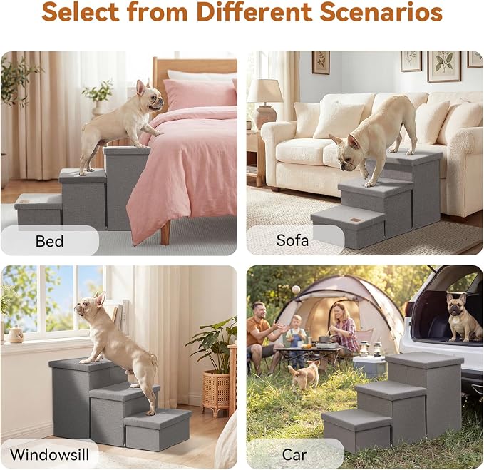 Zerbuger Dog Stairs with Storage, Grey 3 Steps Dog Ramp no Condo for Bed | 18" H Wider Dog Steps for High Beds Couch, Folding Storage Pet Stairs Gift for Climbing Small/Medium/Large Old Dogs Cats