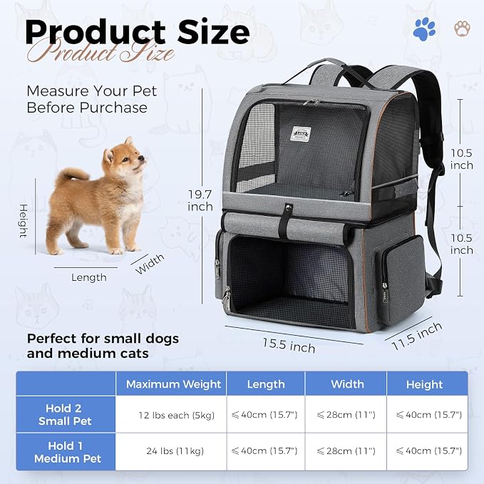 Double Cat Backpack Carrier for 2 Cats, Double-Compartment Pet Carrier Backpack for Two Small Cat or One Medium Cat, Cats Carrier Backpack Dog Carrier Backpack Fits Up to 24 Lbs,Grey