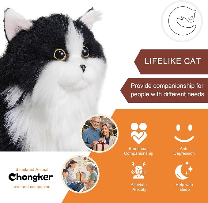 Chongker Stuffed Animals Handmade Realistic Cat Plush Toy Companion for Elderly Adults Women Kids Cat Lover Surprise Gifts for Anniversary Birthday