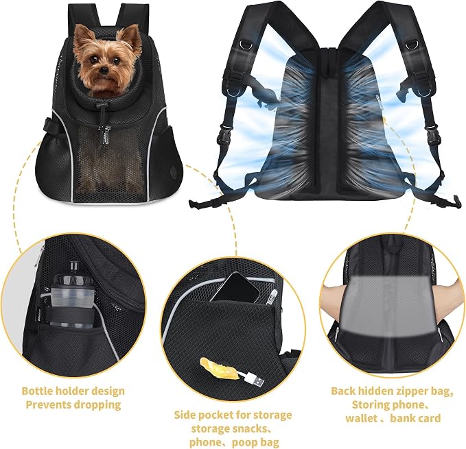 WOYYHO Pet Dog Carrier Backpack, Ventilated Mesh Small Dog Front Backpack | Breathable Puppy Back Pack, with Safety Belt, Storage Pockets, for Travel Hiking Cycling Outdoor Adventures, Black, M