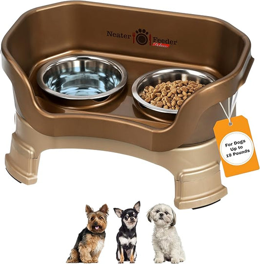 Neater Feeder Deluxe Mess-Proof Elevated Dog Bowls for Small Dogs (Up to 19 lbs), 2 Height Adjustable (6” & 7.5”) No-Spill Raised Dog Bowl Stand, Stainless Steel Food Bowl Set, Made in USA, Bronze