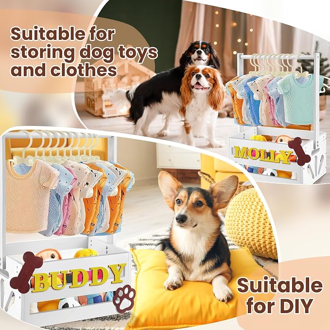 Teenyyou 20 x 13 x 9 Wooden Dog Closet Pet Wardrobe Crate Box with Hanging Rods and Personalized Alphabet Letters Easy Assembly Baskets for Dog Cat Toys Clothes Accessories(White)