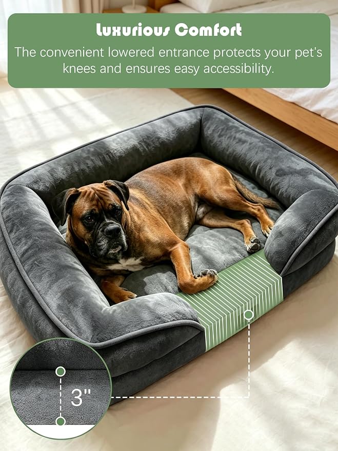 Spotted Play Orthopedic Dog Bed with Sides - Sofa Beds for Large Dogs, Supportive Foam Pet Couch Bed with Washable Removable Cover, Waterproof Lining and Non-Slip Bottom, Dark Grey - L-Plus
