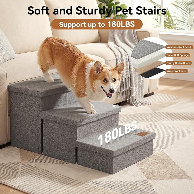 Zerbuger Dog Stairs with Storage, Small Grey 3 Steps Dog Ramp no Condo | 18" H Wider Dog Steps for High Beds Couch, Folding Storage Pet Stairs Gift for Climbing Small/Medium/Large Old Dogs Cats