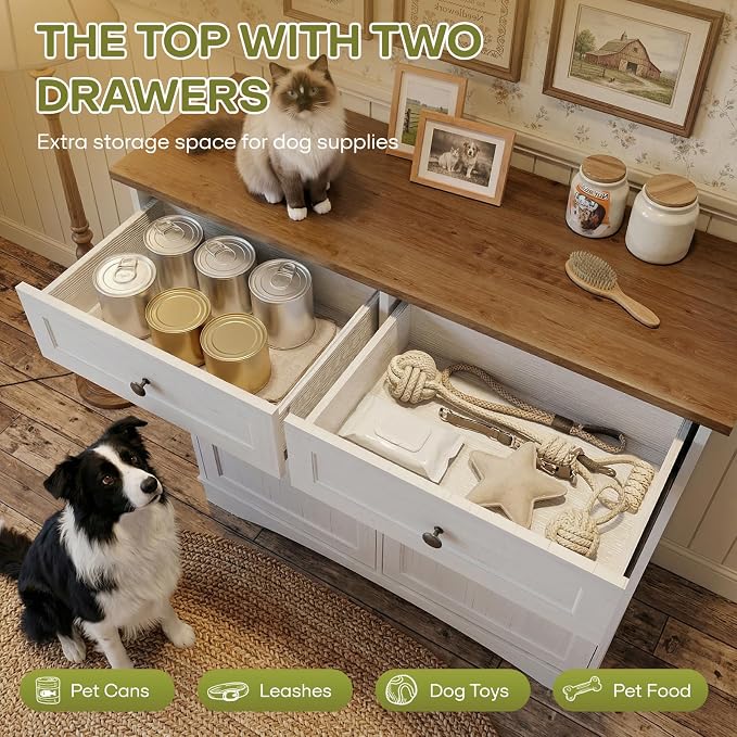 Furnaza Pet Feeding Station with 4 Bowls, Dual Doors Dog Cabinet Storage | White 39.7"W Dual Doors Pet feeding station with storage for dogs and cats, Pet Food Storage for Kitchen, Living Room