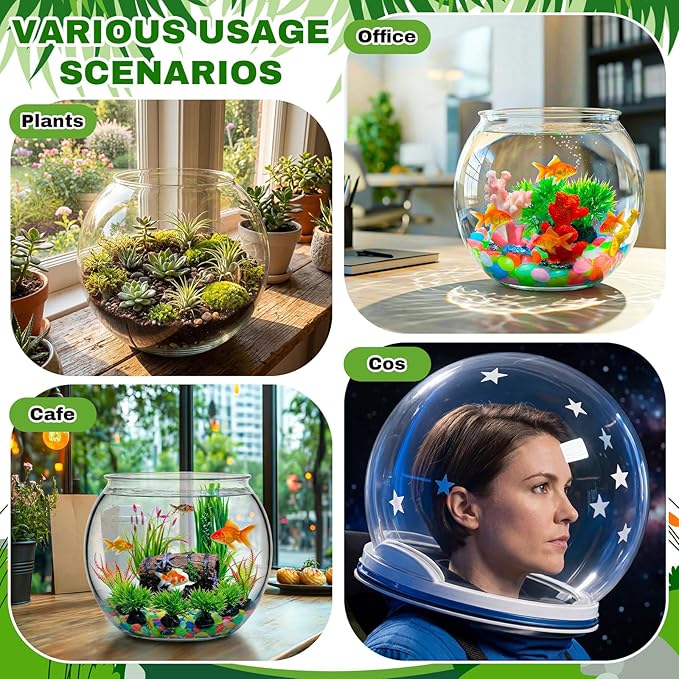 Cinnvoice 521 Pcs Plastic Fish Bowls Starter Kit, 2 Gallon & 0.27 Gallon Round Shatterproof Aquarium with Luminous Stones, Artificial Plants, Decor for Betta Goldfish, Small Fish Tank for Office