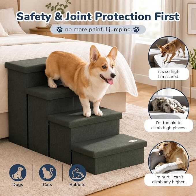 4-Step Wide Dog Stairs with Storage 23" H, Non-Slip Sturdy Pet Steps for High Bed Couch Window, Pet Stairs for Small/Medium/Large Old Dogs Cats Up to 220lbs, Cat Dog Steps for Car, Grey Green
