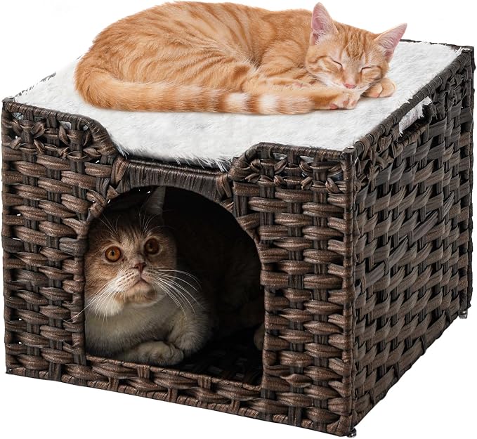 SETVSON Cat Beds Indoor Kitten House, Handwoven PE Rattan Cave, Brown | Double-Layer Rattan Pet Cube, Double-Sided Cushion Bed, Foldable Steel Frame, 2 S-Hooks, 16.5x16.5x13.2 In Hideaway