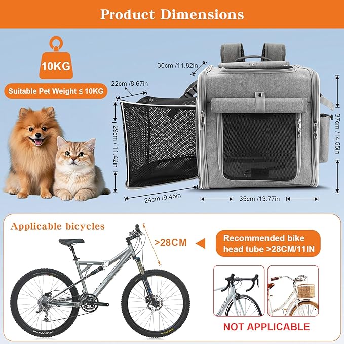 Xixter Dog Basket for Bike, Suitable for Small & Medium Pet Up to 10 kg, Foldable 4-in-1 Pet Bike Basket, Crossbody, Shoulder and Car Seat, with Sturdy Bracket and 4 Mesh Windows, Gray