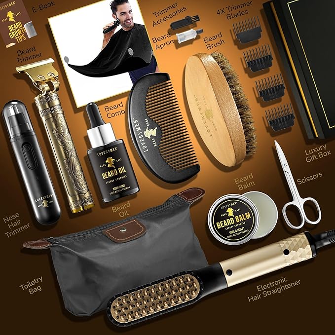Grooming Beard Kit, Fathers Day Gift Ideas for Husband, Dad Gifts for Fathers Day, Beard Trimmer, Nose Hair Trimmer, Hair Straightener Brush, Oil, Balm & More, 15pc Men Care Kit, Gifts for Men.