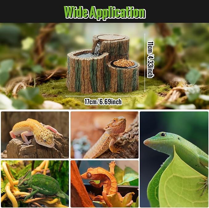 MIXJOY 2 in 1 Reptile Water Fountain with Food Dish 550ML, Reptile Waterfall Drinking Fountain with Adjustable Flow, Natural Resin, Reptile Water Dispenser for Bearded Dragon Gecko Lizard Chameleon