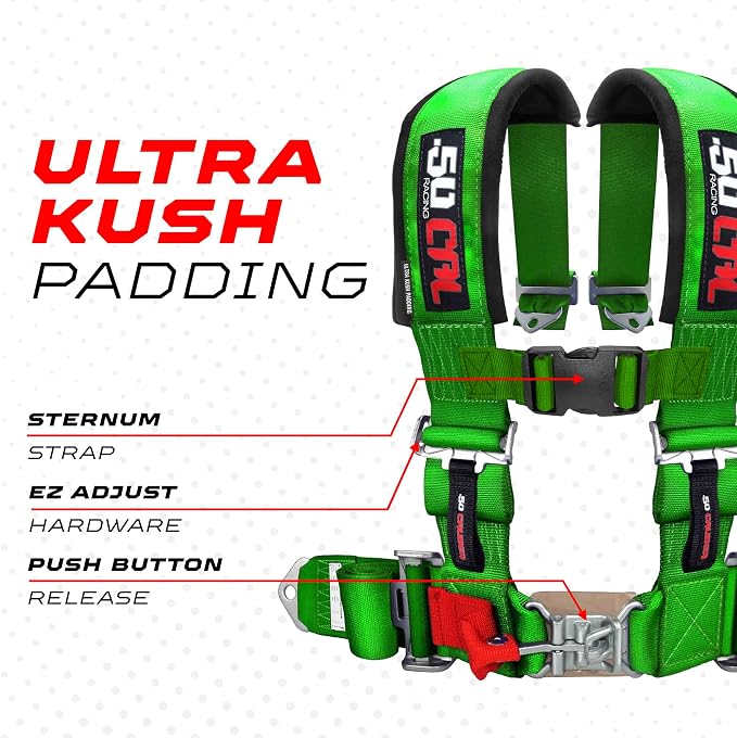 1pc 50 Cal Green 4 Point Harness 3 inch straps, Racing Harness Seat Belt | Ultra Kush padding, Push Button quick release hardware. Universal Fit for UTV, RZR, race car