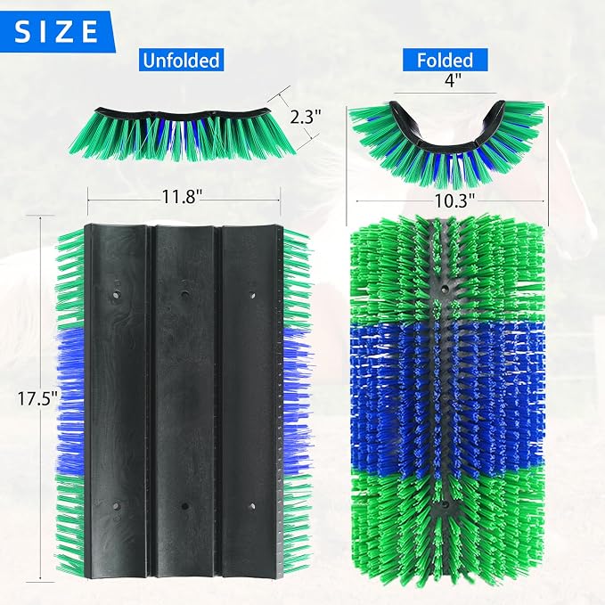Extra Large Size Livestock Scratching Brush, Upgraded Horse/Goat/Cow/Cattle Scratcher Brush for Grooming, Itch Relief Horse Scratcher Brushes Kit with Two Sets of Mounting Screws(2-Pack,Green)