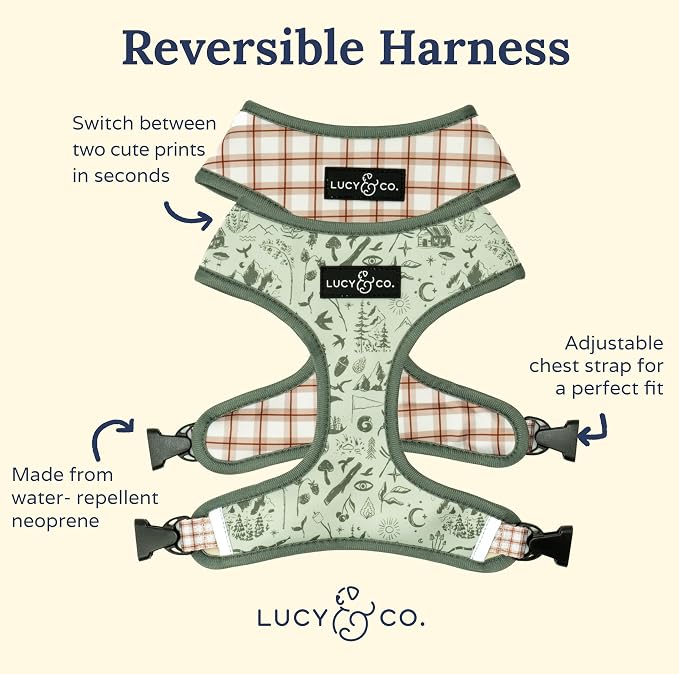 Lucy & Co. Reversible Dog Harness - Water-Repellent Neoprene, Dual-Print Design, Easy Swap Style, Adjustable Comfort Fit - Camp Out Reversible Harness - Medium