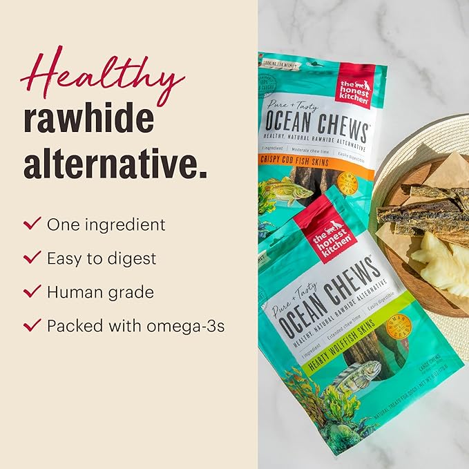 The Honest Kitchen Human Grade Ocean Chews Crispy Cod Fish Skins Dog Treats, 5.5 Ounces