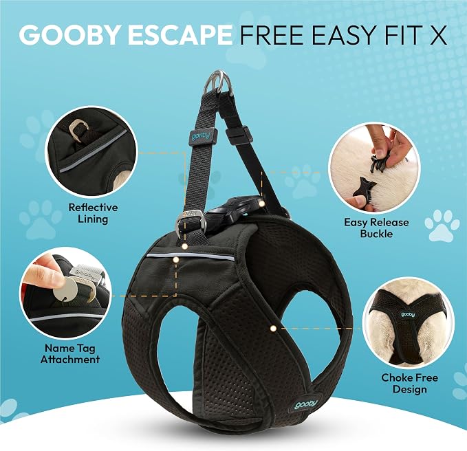 Gooby Escape Free Easy Fit X Step-in Dog Harness, Vegas Black, Small | Patented escape-free, tightens on back-out; Choke-free X-frame + V-neck; Quick-release buckle; Reflective trim