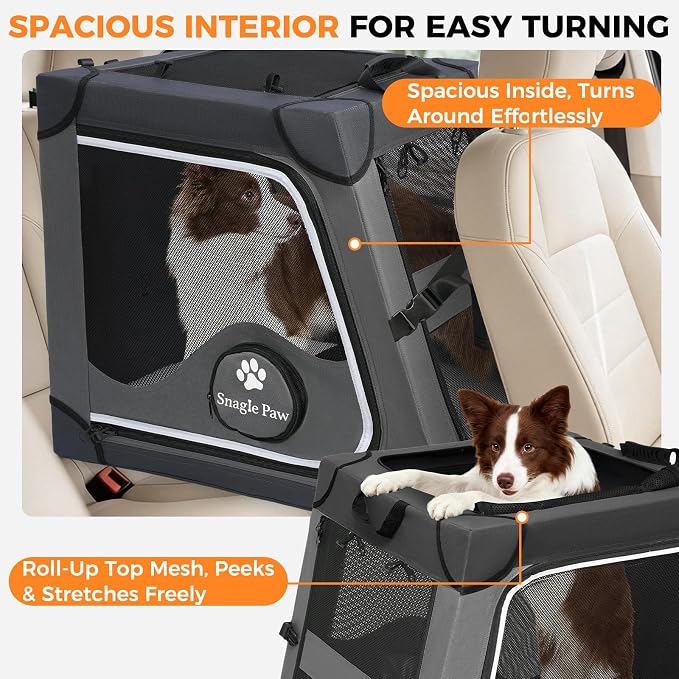 Snagle Paw Dog Car Crate for Back Seat, Portable, Large, Gray | 3-point seat securement, breathable mesh, feeding windows, folds flat, for road trips, camping and vet visits