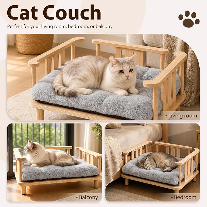 Summark Elevated Cat Couch & Dog Sofa, Solid Wood Raised Pet Bed with Machine Washable Plush Mattress, Indoor Cat Furniture for Cats & Small Dogs, Supports Up to 60 lbs