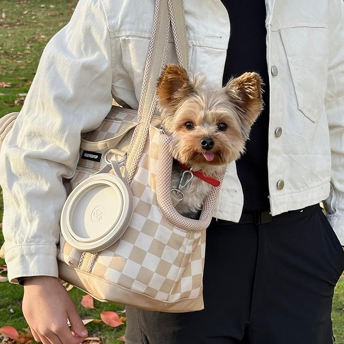 Transit Tote Dog Carrier for Small Dogs Under 8 lbs, 16x11x8 Soft-Sided 4-Pc Set with Waterproof Base, Plush Insert, Food Pouch, Mesh Head Opening - Small, Checkerboard