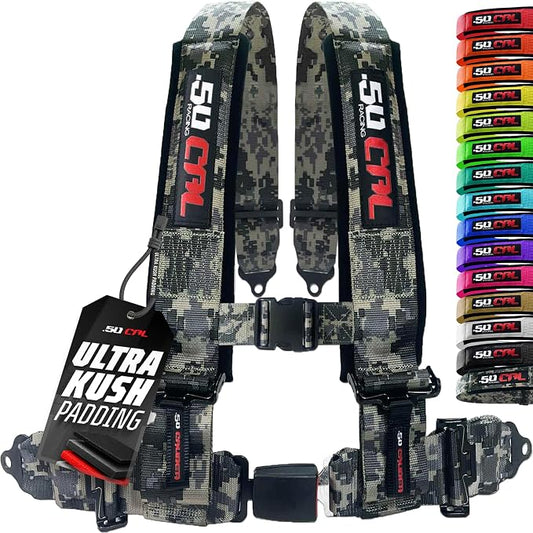 1pc 50 Cal Camo 4 Point Harness 3in Straps, Racing Harness Seat Belt | Ultra Kush padding, Push Button quick release hardware. Universal Fit for UTV, RZR, race car.