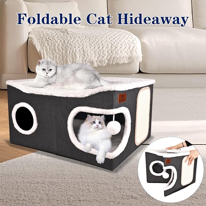 Extra Large Cat Beds for Indoor Cats, Covered Cat Cave Beds & Furniture with Scratch Pad and Fluffy Ball, Foldable Cat Condo with Reversible Cushion for Multi Small Pet Large Kittens, Dark Grey
