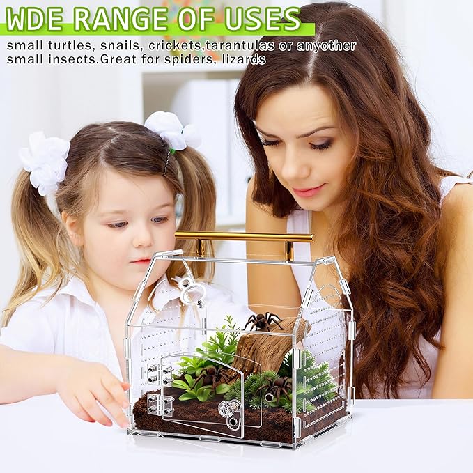 Jumping Spider Enclosure, 8.8" x 7.1" x 8.2" Acrylic Tarantula Enclosure with Feeding Hole and Magnetic Door, Reptile Terrarium Habitat for Tarantula, Spiders, Beetle, Mantis