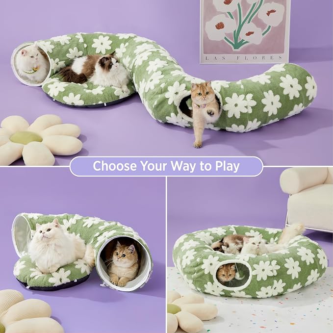 Lesure Donut Cute Jacquard Large Cat Tunnel Bed Kitten Toys for Dog Bunny | 39.5x39.5x10in,Round Large Cat Bed Tube for Multi Kittens,Pet Peekaboo Cave Toy,Spiral Hideaway,Washable Cushion,Green