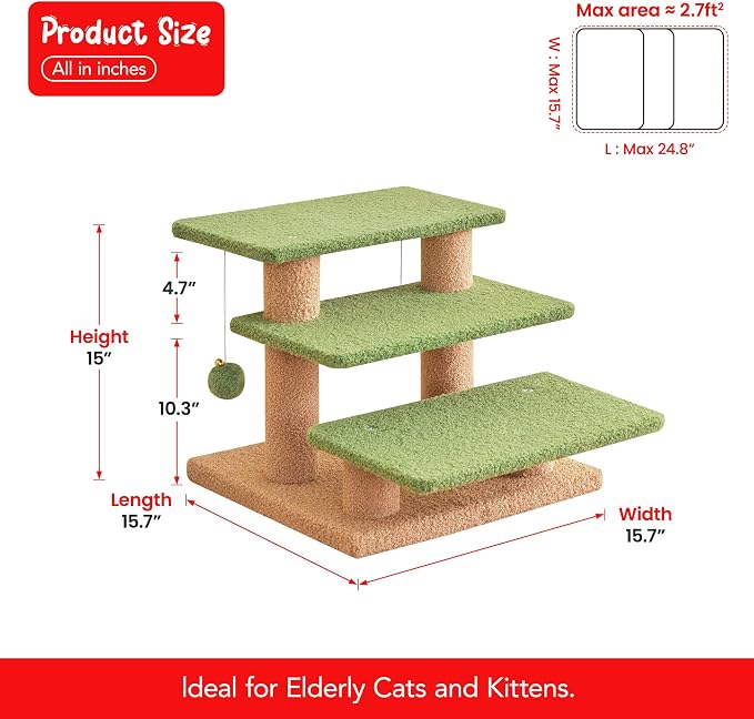 15''H Green Multi-Step Pet Stairs for High Beds & Sofas, 3-Step Cat Stairs with 2 Toy Balls, Wide Boards for Indoor Kittens Dogs Pets Climbing