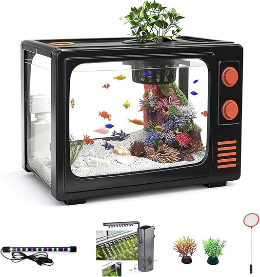 2.5 Gallon Fish Tank Kit with LED Lights, Filter & Plant Planter - Retro TV Decorative Fish Tank for Office Desk Home Decor,Mini Aquarium Starter Kit for Betta Fish (Black - 2.5 Gallon)