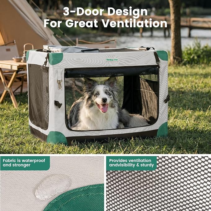 Gardner Pet Soft Collapsible Dog Crate - 26 Inch Portable Travel Dog Crate for Puppy/Small Dogs Indoor & Outdoor, 3-Door Pet Crate with Durable Mesh Windows & Storage Bag, Grey