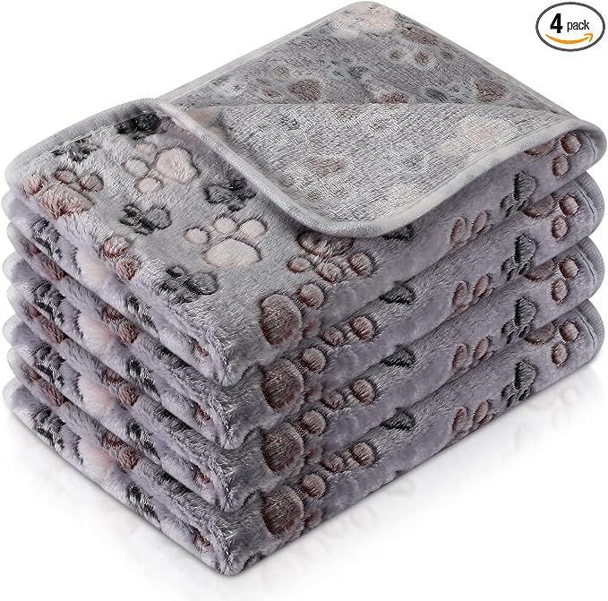 Tatuo 4 Pack Fleece Dog Blankets for Puppy Cats Multi-Size Sleep Mat for Pet Guinea Pig Soft Washable Warm Crate Bed Puppy Teething Toys Print Pattern Blanket Indoor(Gray,24 x 16 Inch,Paw)