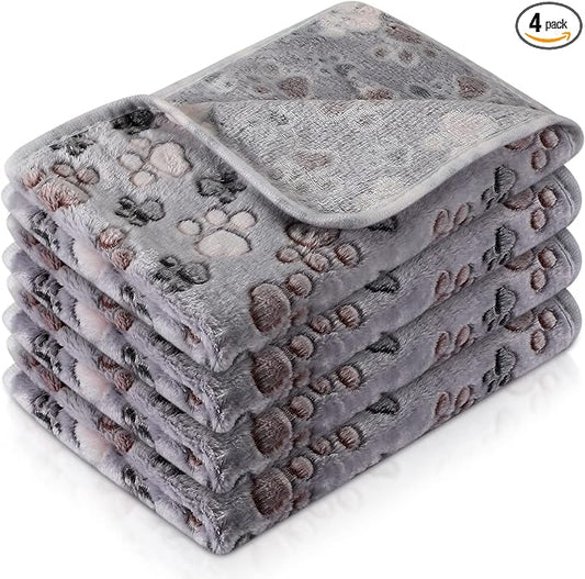 Tatuo 4 Pack Fleece Dog Blankets for Puppy Cats Multi-Size Sleep Mat for Pet Guinea Pig Soft Washable Warm Crate Bed Puppy Teething Toys Print Pattern Blanket Indoor(Gray,24 x 16 Inch,Paw)
