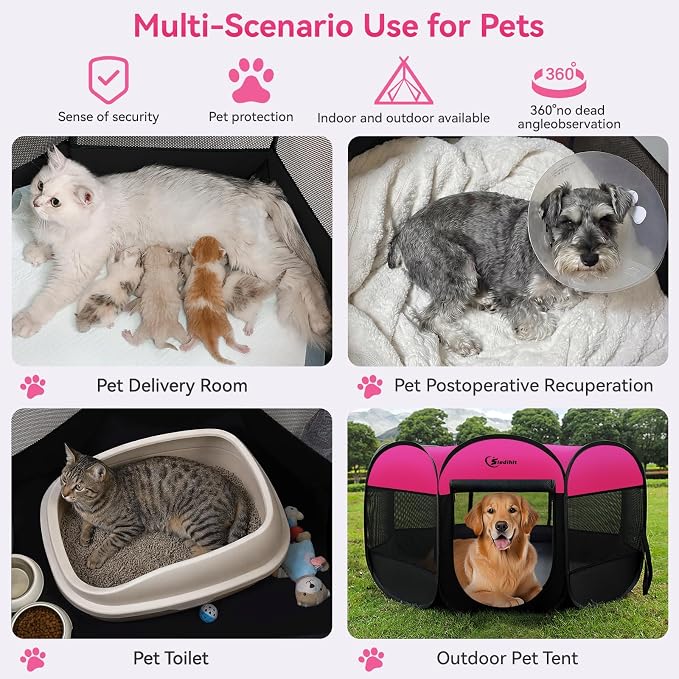 Siedihit Dog Cat Playpen, Large Puppy Pet Playpen, Dog Crate Tent Cage | Indoor/Outdoor, Portable Pop Up Dogs Kennel Playpen with Carrying Case for Dogs/Cats/Rabbits, Hot Pink
