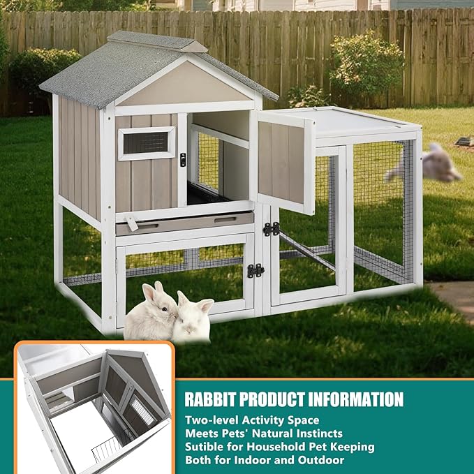 48" L Rabbit Hutch Indoor and Outdoor 2-Story Rabbit Cage with Pull Out Tray,Fir Wood Pet House with Wooden Ramp,Waterproof Bunny Cage Indoor with 2 Asphalt Roofs,Grey