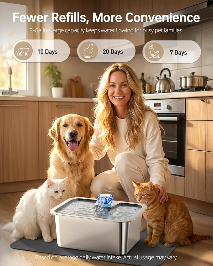 3Gal Large Dog Water Fountain Dispenser, 11L Stainless Steel Pet Fountain with 6 Filters, Corded Ultra Quiet Automatic Dog Water Bowl for Large and Multi-Pet Homes, 12 x 8.7 in Drinking Area