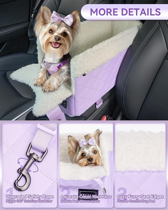 PETSFIT Cat Car Seat with Dual Adjustable Seat-Rail Anchor Hooks | Anti-Collapse Leather Dog Console Car Seat with Safety Tether, Washable Cushion, Soft Pillow for Pets Under 8 lbs, Purple