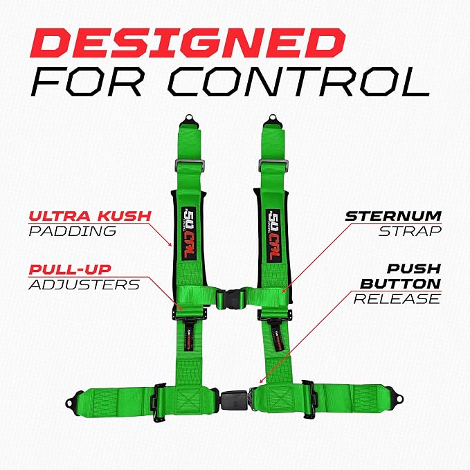 1pc 50 Cal Green 4 Point Harness 2in Straps, Racing Harness Seat Belt | Ultra Kush padding, Push Button quick release hardware. Universal Fit for UTV, RZR, race car.
