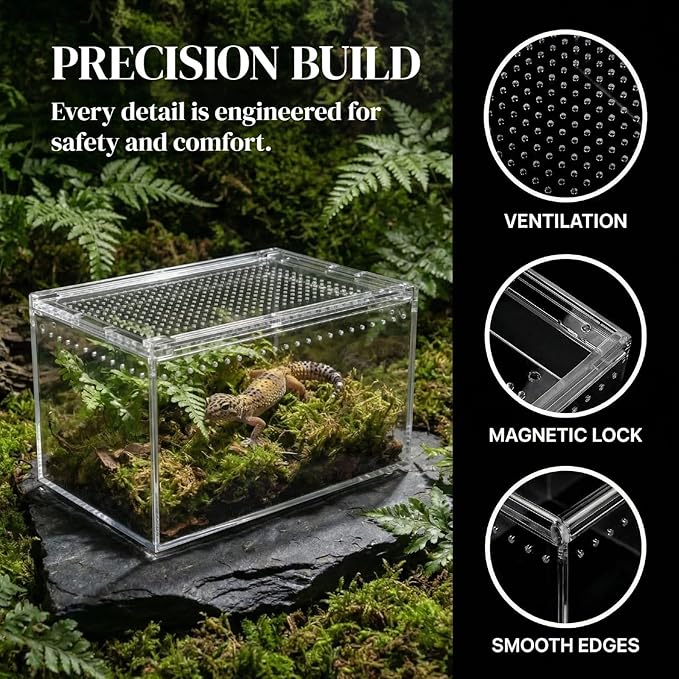 8x6x4 Inch Terrarium with Magnetic Top Sliding Lid, Clear View Critter Keeper & Spider Enclosure, Jumping Spider/Tarantula Habitat, Hermit Crab Tank, Tadpole to Frog Kit