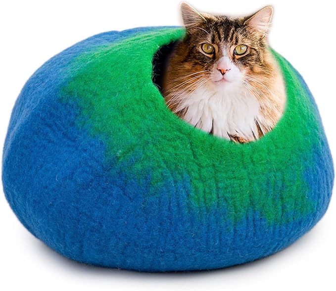 Luxurious Merino Wool Cat Cave - Foldable Hideaway Pod for Indoor Cats - Premium Felt Kitten Pet Enclosure - Covered Cat House for Ultimate Cozy Comfort by Woolygon (Blue Green)