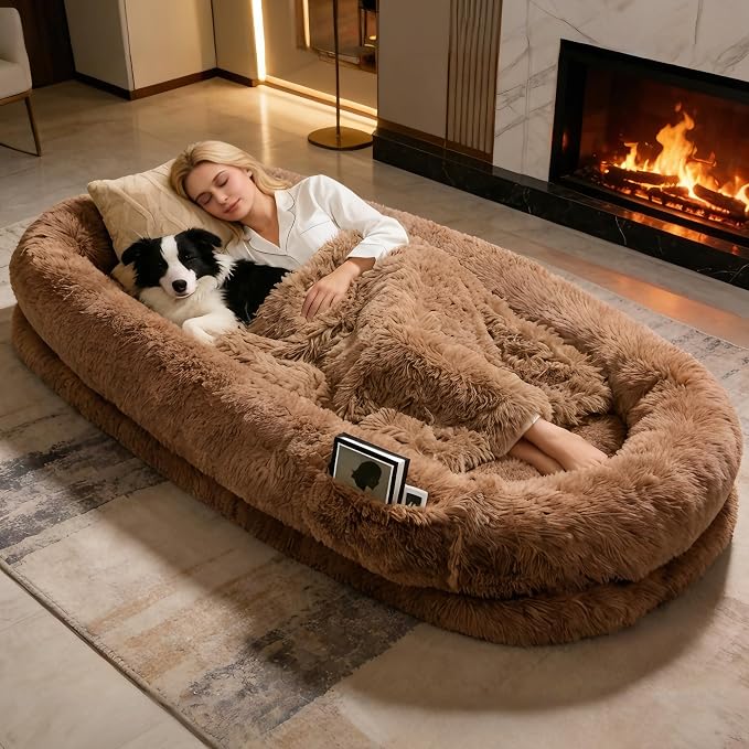Human Dog Bed - Extra Large Dog Bed for Humans 71''x45''x12'' | Giant Cuddle Pillow Pet Lounger, Super Soft Plush Orthopedic Floor Cushion for Adults, Kids, Pets - Washable Cover, Khaki.