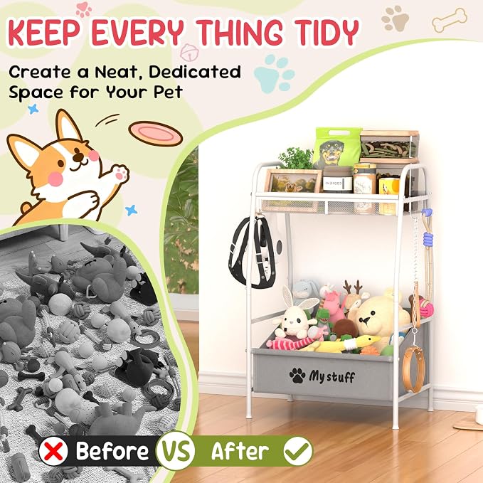Kaiferty Medium Dog Toy basket, Toy Box for Dogs, Pet Toys Bin Dog Metal Wire Basket for Toys, Food Storage, Storage Organizer Chest Storage, Toy Box for Living Room Area (White)