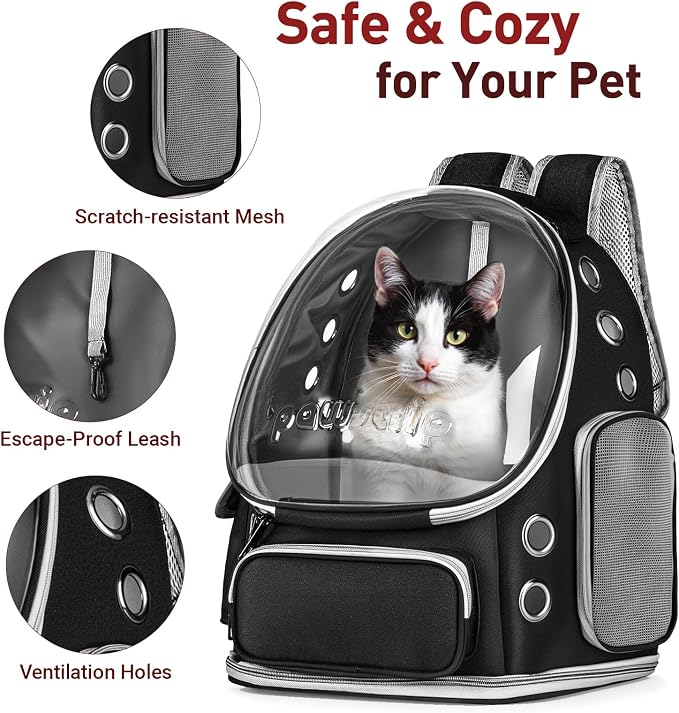 Cat Backpack Carrier Clear Bubble Window for Cats & Small Dogs up to 15 lb | Large Space Breathable Foldable Pet Carrier Airline Approved, Mesh Entry Safety Tether Washable Pad, Travel Hiking Outdoor